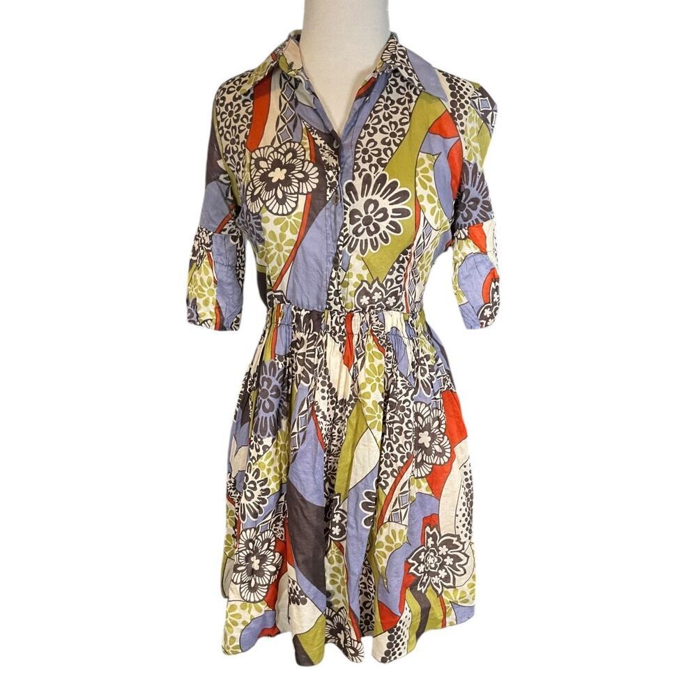 Imperial Italy Cotton Retro Print Dress Small Elastic Waist Zip Lined 3/4 Sleeve